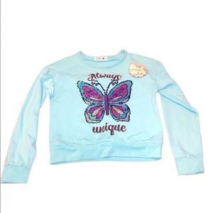 Beautees Baby Blue Always Unique Butterfly Sequin Crewneck Sweatshirt Size Large